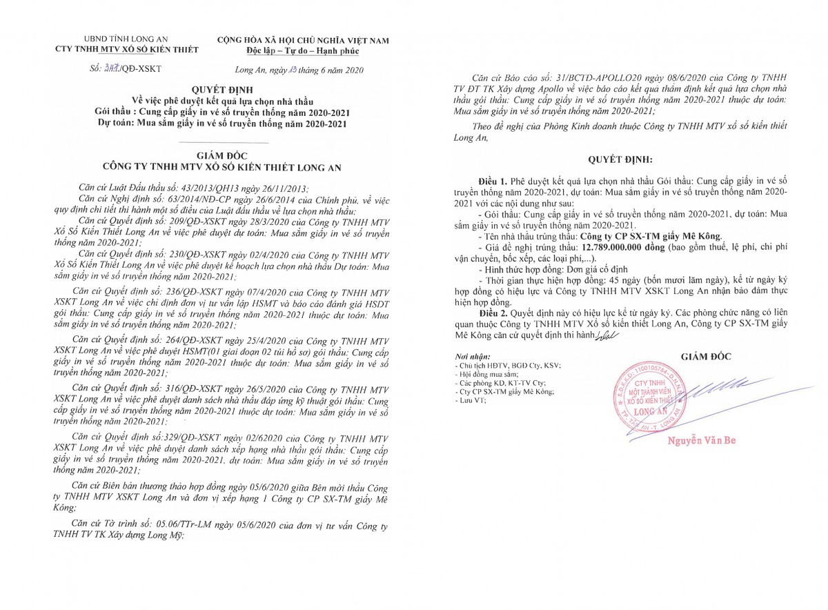 Gói thầu gần 13 tỷ đồng được Công ty TNHH Một thành viên Xổ số kiến thiết Long An đấu thầu trực tiếp. Gói thầu gần 13 tỷ đồng được Công ty TNHH Một thành viên Xổ số kiến thiết Long An đấu thầu trực tiếp.
