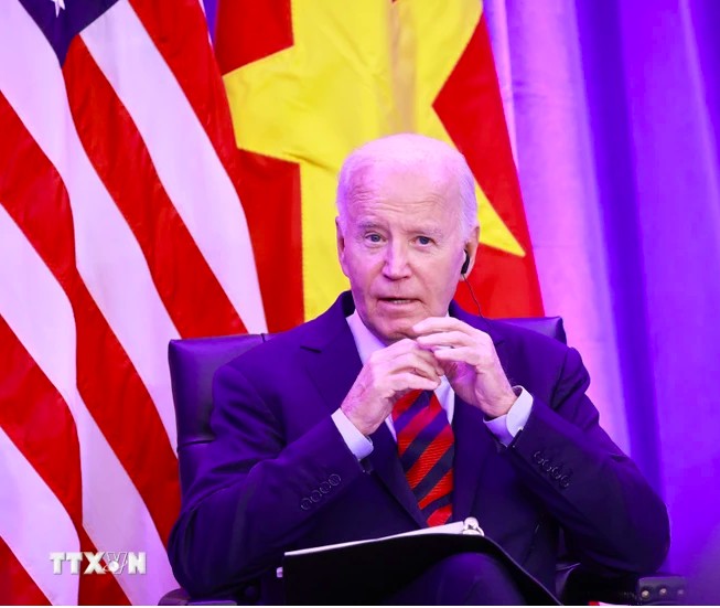 Tổng thống Hoa Kỳ Joe Biden phát biểu. (Ảnh: Lâm Khánh/TTXVN) Tổng thống Hoa Kỳ Joe Biden phát biểu. (Ảnh: Lâm Khánh/TTXVN)