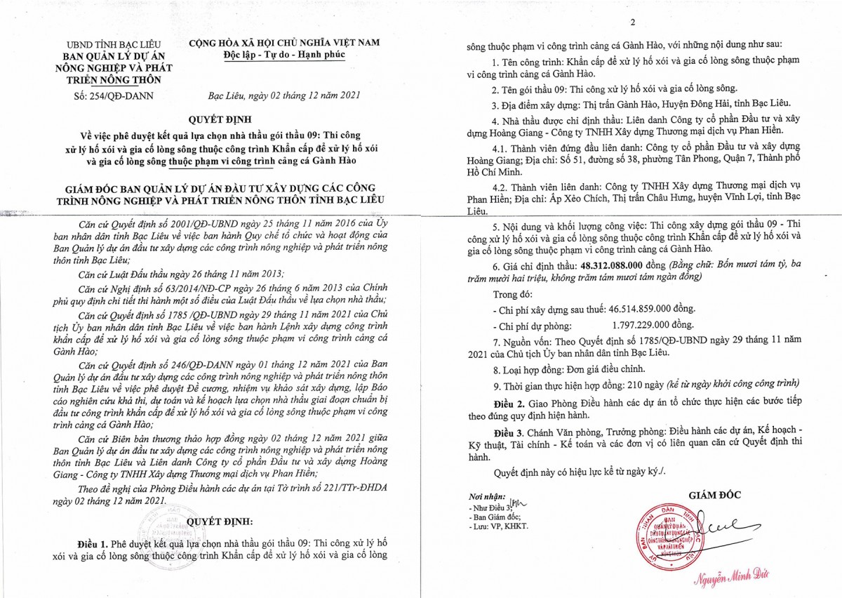 Ban Quản lý dự án Nông nghiệp và Phát triển Nông thôn tỉnh Bạc Liêu chỉ định gói thầu hơn 48 tỷ đồng. Ban Quản lý dự án Nông nghiệp và Phát triển Nông thôn tỉnh Bạc Liêu chỉ định gói thầu hơn 48 tỷ đồng.