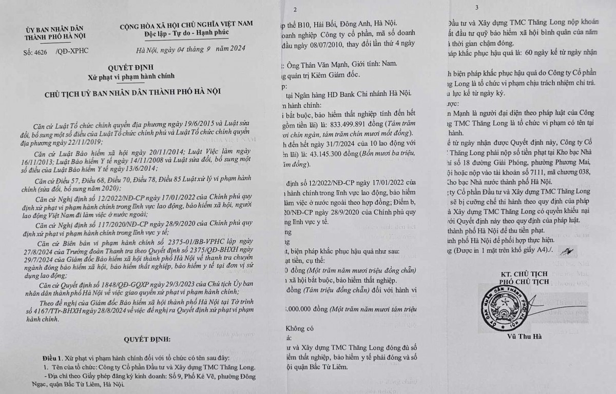 TMC Thăng Long nợ bảo hiểm, bị phạt hơn 150 triệu đồng TMC Thăng Long nợ bảo hiểm, bị phạt hơn 150 triệu đồng