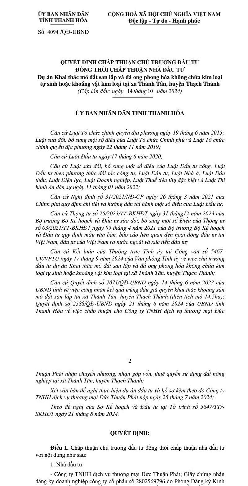 Mỏ khoáng sản 14,5ha được tỉnh Thanh Hóa chấp thuận cho doanh nghiệp nào? Mỏ khoáng sản 14,5ha được tỉnh Thanh Hóa chấp thuận cho doanh nghiệp nào?