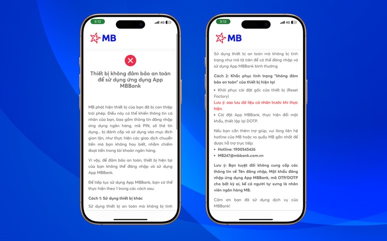 App MBBank chủ động chặn phần mềm độc hại chiếm quyền trên điện thoại App MBBank chủ động chặn phần mềm độc hại chiếm quyền trên điện thoại