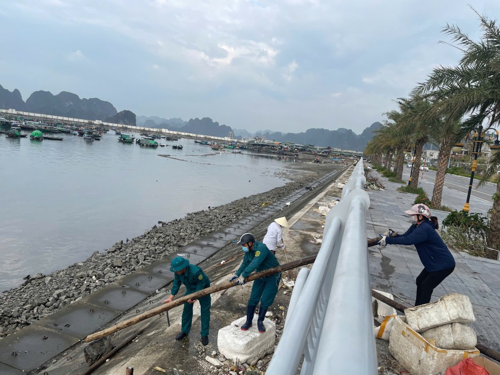 Các lực lượng chức năng và người dân thu gom rác thải ven biển. Ảnh: Báo Quảng Ninh Các lực lượng chức năng và người dân thu gom rác thải ven biển. Ảnh: Báo Quảng Ninh