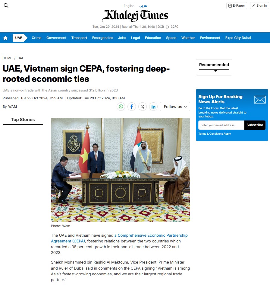 Báo chí quốc tế: Hiệp định CEPA Việt Nam - UAE mở ra con đường hợp tác kinh tế mới, có lợi cho cả hai bên