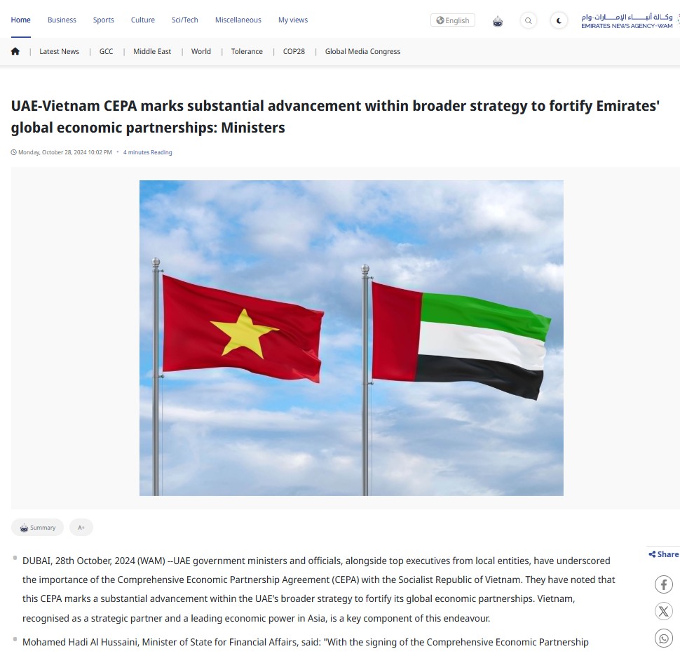 Báo chí quốc tế: Hiệp định CEPA Việt Nam - UAE mở ra con đường hợp tác kinh tế mới, có lợi cho cả hai bên