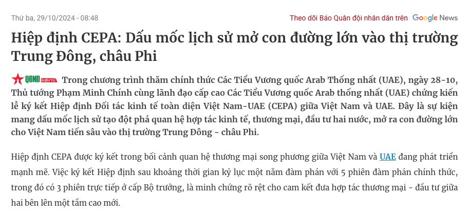 Hiệp định CEPA: Mở ra những 'chân trời mới' cho hợp tác Việt Nam - UAE