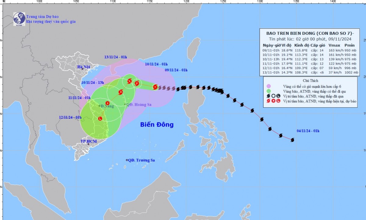 Tin bão trên Biển Đông (Cơn bão số 7) mới nhất hôm nay 9/11: Cường độ bão mạnh nhất vào hôm nay
