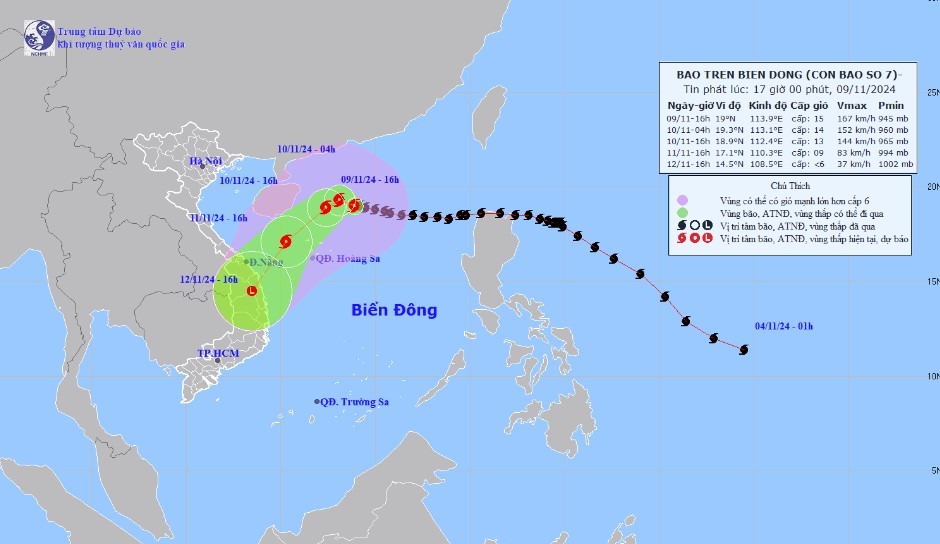 Bão số 7 tăng cấp, giật trên cấp 17 hướng vào miền Trung nước ta