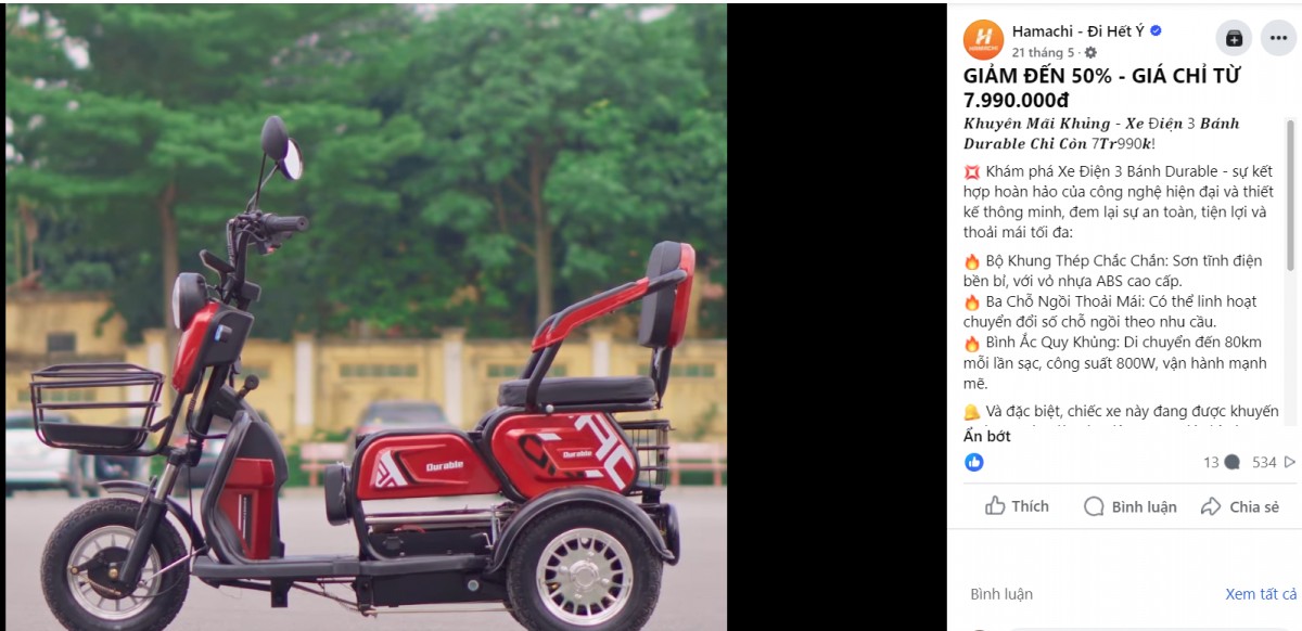 Công ty TNHH Hamachi Việt Nam bán xe điện Durable thuộc diện cấm lưu thông trên thị trường