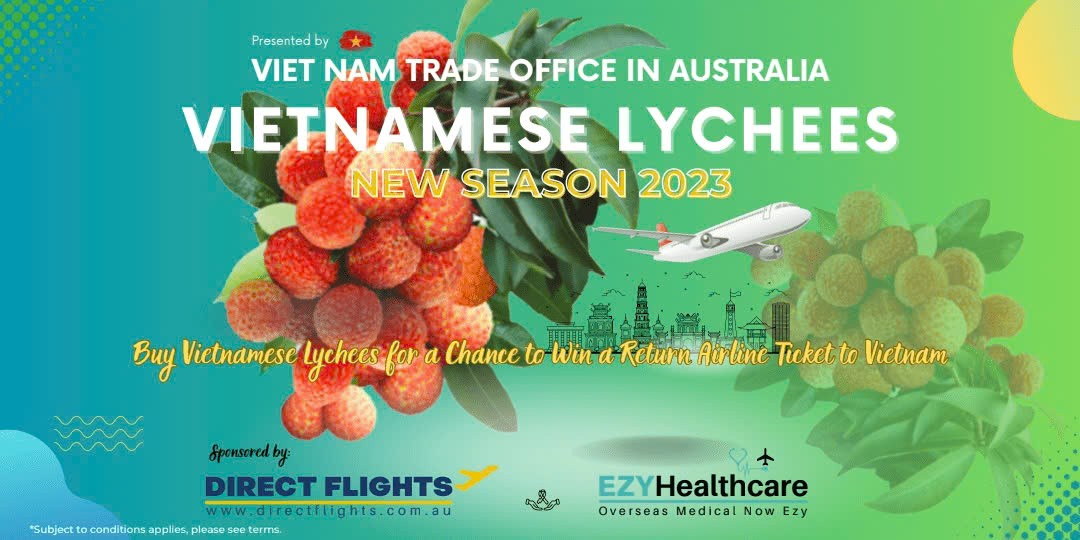 Poster quảng bá mua vải, bốc thăm trúng thưởng vé máy bay khứ hồi Australia - Việt Nam. Poster quảng bá mua vải, bốc thăm trúng thưởng vé máy bay khứ hồi Australia - Việt Nam.