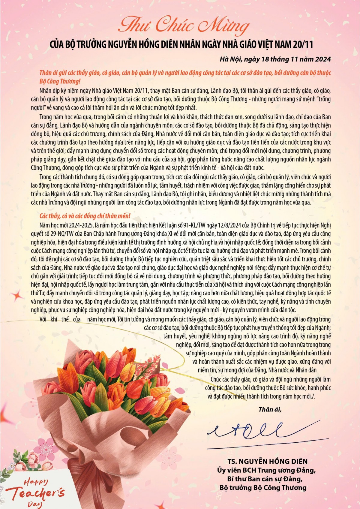 Thư chúc mừng của Bộ trưởng Bộ Công Thương Nguyễn Hồng Diên nhân Ngày Nhà giáo Việt Nam 20/11 Thư chúc mừng của Bộ trưởng Bộ Công Thương Nguyễn Hồng Diên nhân Ngày Nhà giáo Việt Nam 20/11