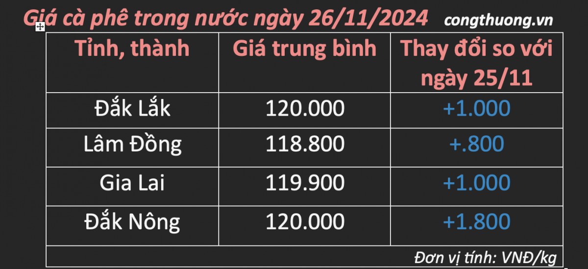 Giá cà phê hôm nay 26/11/2024: Giá cà phê trong nước tiếp đà tăng