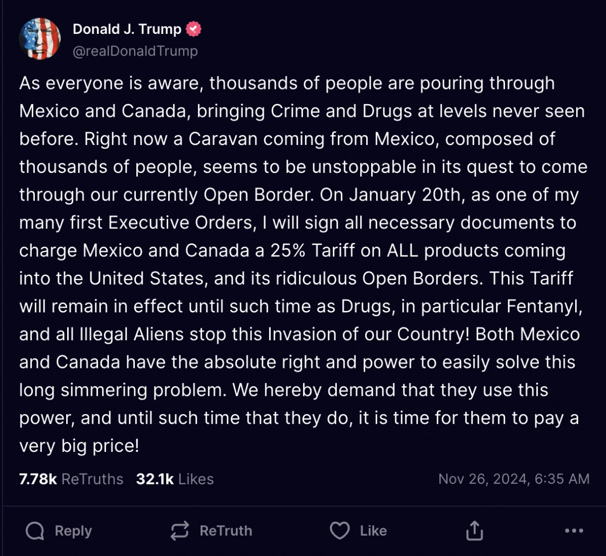 Bài đăng trên mạng xã hội Truth Social về chính sách dự kiến của ông trong việc tăng thuế nhập khẩu đối với Mexico và Canada. Ảnh: Truth Social