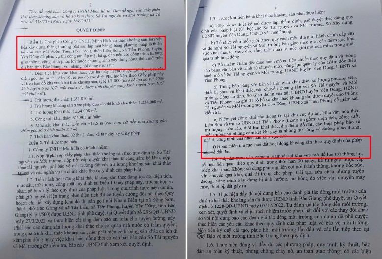 Giấy phép khai thác khoáng sản của Công ty TNHH Minh Hà do UBND tỉnh Bắc Giang nêu rõ mỏ đất này phục vụ các công trình phúc lợi, xây dựng nông thôn mới được khoanh đỏ. Giấy phép khai thác khoáng sản của Công ty TNHH Minh Hà do UBND tỉnh Bắc Giang nêu rõ mỏ đất này phục vụ các công trình phúc lợi, xây dựng nông thôn mới được khoanh đỏ.