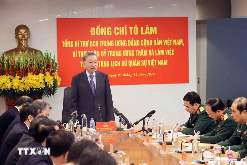 Tổng Bí thư Tô Lâm, Bí thư Quân ủy Trung ương phát biểu tại buổi làm việc. Ảnh: TTXVN Tổng Bí thư Tô Lâm, Bí thư Quân ủy Trung ương phát biểu tại buổi làm việc. Ảnh: TTXVN