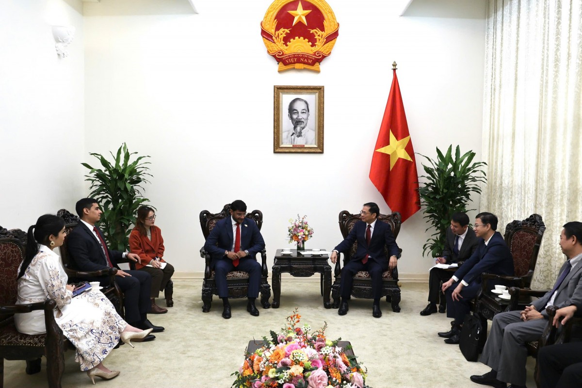 Phó Thủ tướng, Bộ trưởng Bộ Ngoại giao Bùi Thanh Sơn tiếp Phó Chủ tịch phụ trách đối ngoại Đảng Xã hội chủ nghĩa Thống nhất Venezuela Rander Pena - Ảnh: VGP/Minh Ngọc