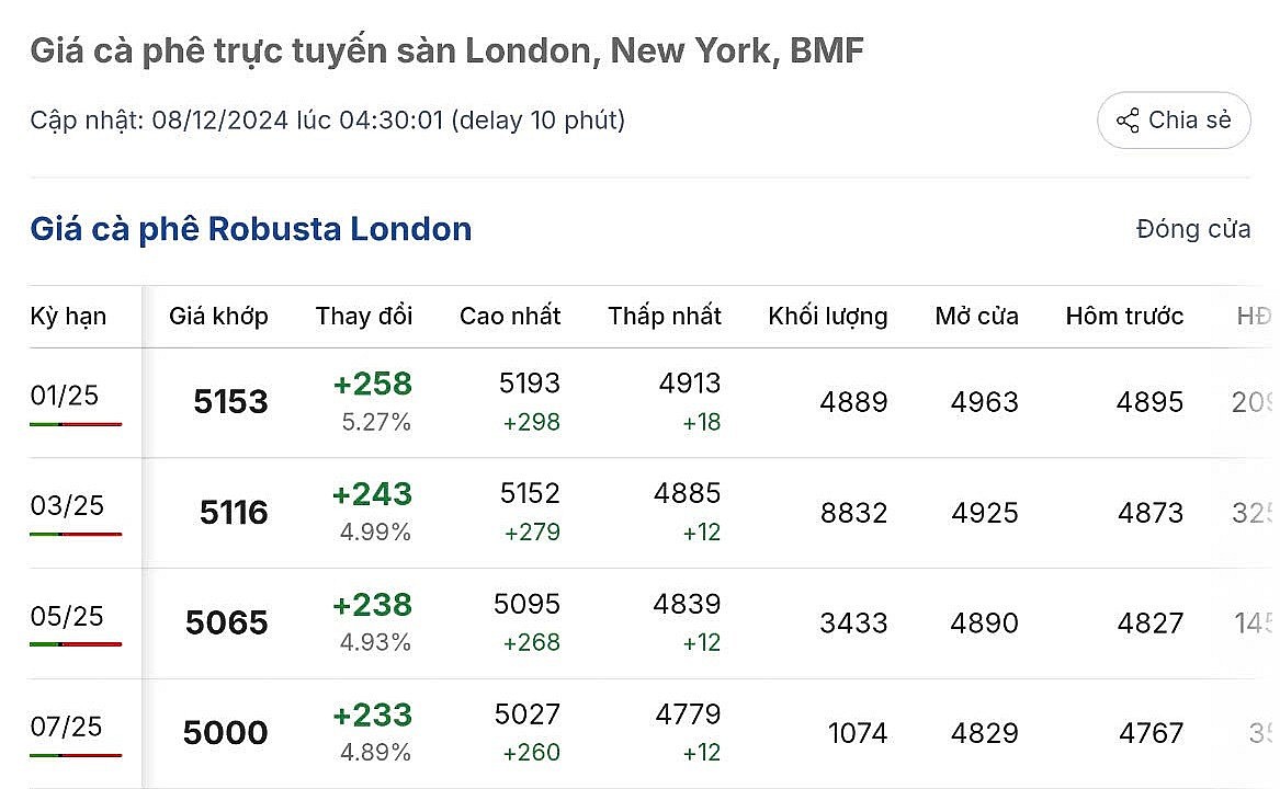 Giá cà phê hôm nay 8/12/2024: Cà phê trong nước tiếp tục chuỗi ngày tăng giá