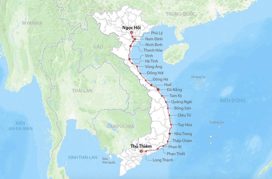 Dự kiến hướng tuyến và 23 ga hành khách của đường sắt tốc độ cao Bắc Nam. Đồ họa: Đăng Hiếu Dự kiến hướng tuyến và 23 ga hành khách của đường sắt tốc độ cao Bắc Nam. Đồ họa: Đăng Hiếu
