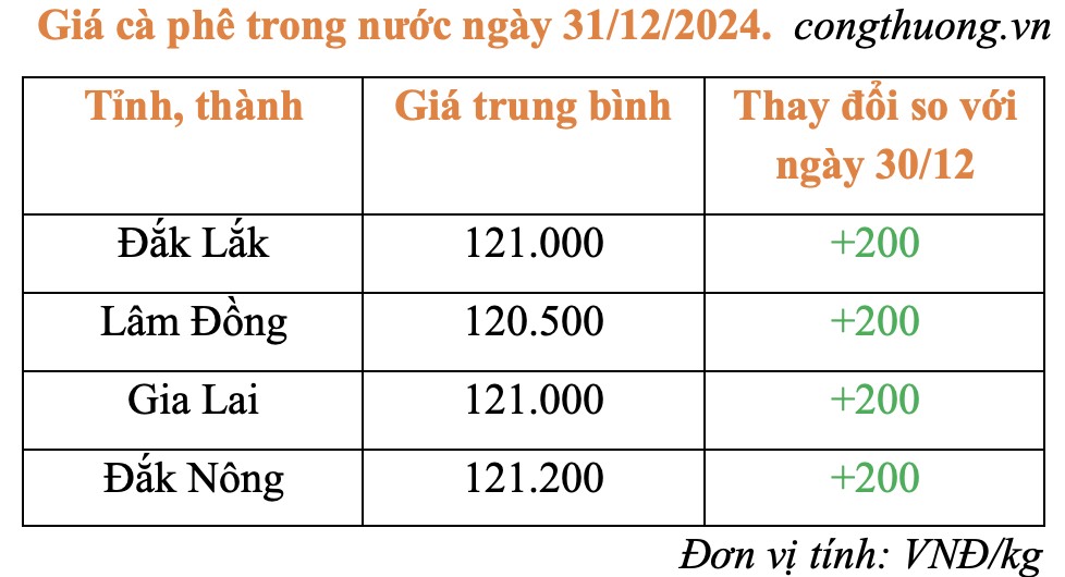 Giá cà phê hôm nay 31/12/2024: Giá trong nước tăng nhẹ