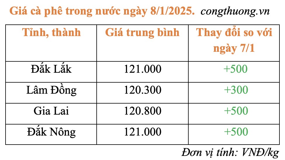 Giá cà phê hôm nay 8/1/2025: Giá cà phê trong nước Giá cà phê hôm nay 8/1/2025: Giá cà phê trong nước