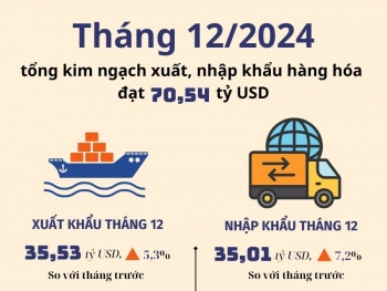 Kim ngạch xuất, nhập khẩu tháng 12/2024 đạt hơn 70,5 tỷ USD