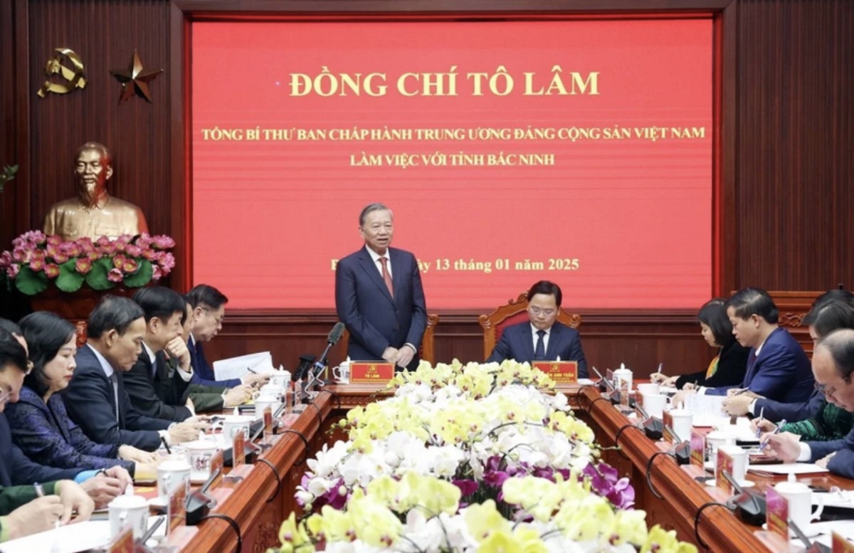 Tổng Bí thư Tô Lâm phát biểu tại buổi làm việc Ban Chấp hành Đảng bộ tỉnh Bắc Ninh. Ảnh: TTXVN Tổng Bí thư Tô Lâm phát biểu tại buổi làm việc Ban Chấp hành Đảng bộ tỉnh Bắc Ninh. Ảnh: TTXVN
