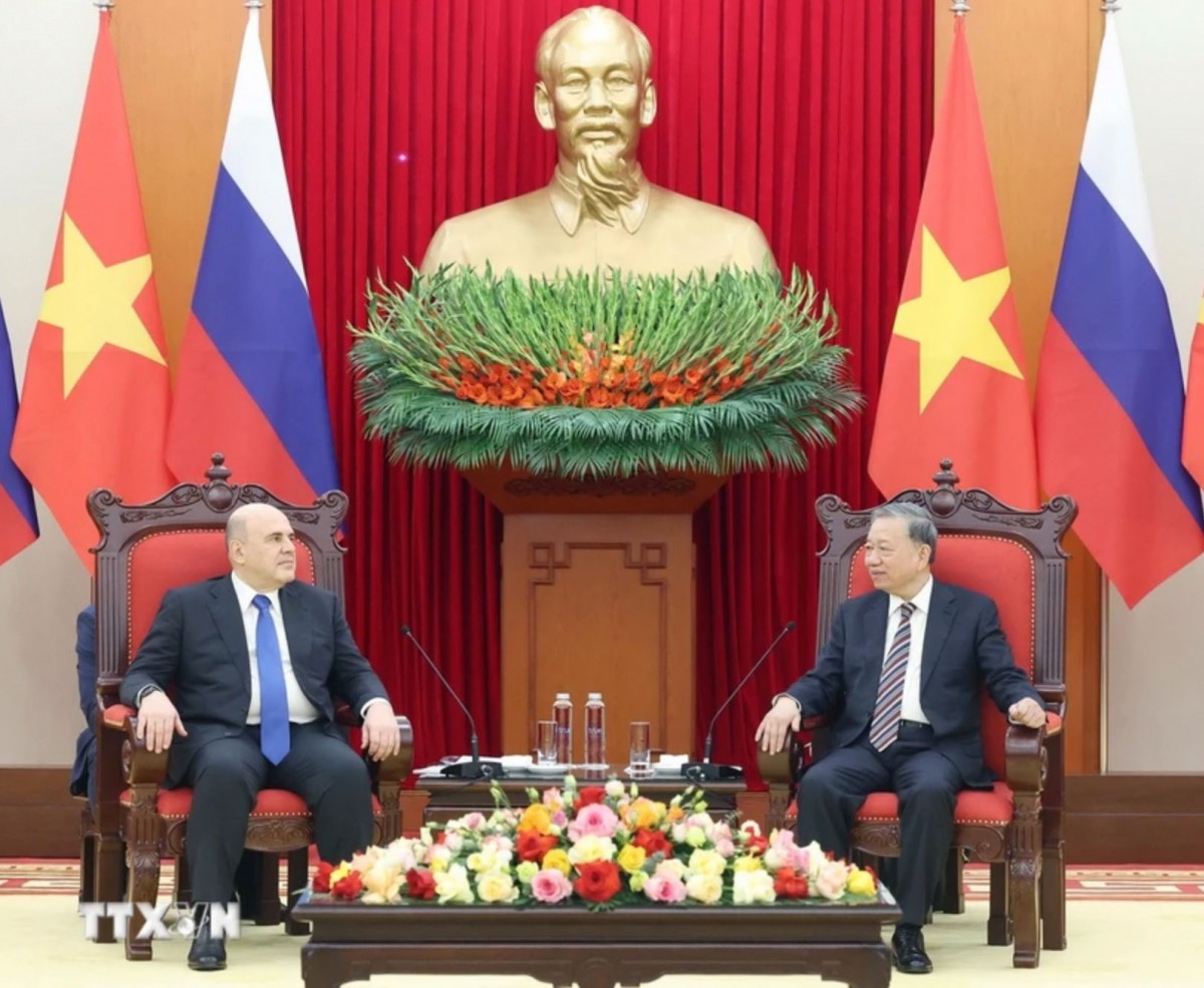 Tổng Bí thư Tô Lâm tiếp Thủ tướng Liên bang Nga Mikhail Vladimirovich Mishustin. Ảnh: TTXVN Tổng Bí thư Tô Lâm tiếp Thủ tướng Liên bang Nga Mikhail Vladimirovich Mishustin. Ảnh: TTXVN