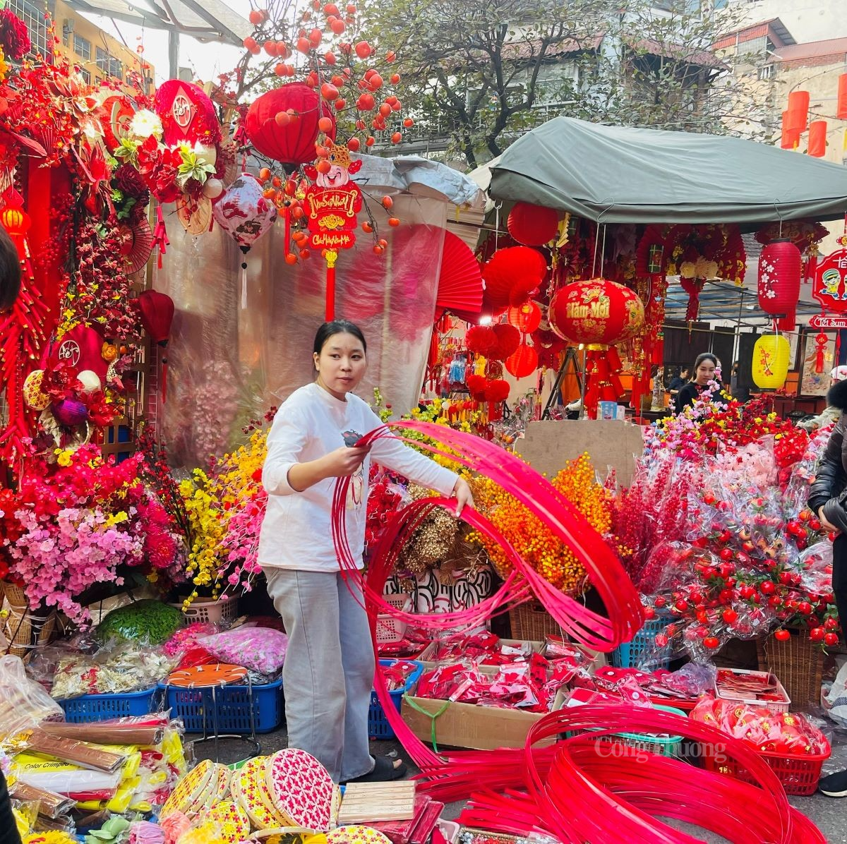 Chủ các gian hàng đang lên mẫu trang trí Tết theo yêu cầu của khách hàng. Ảnh: Nguyễn Thanh Chủ các gian hàng đang lên mẫu trang trí Tết theo yêu cầu của khách hàng. Ảnh: Nguyễn Thanh