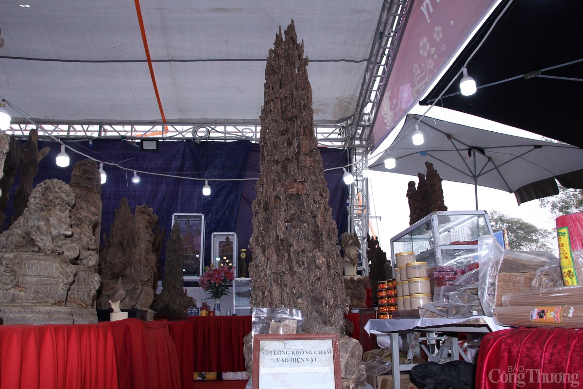 Tháp trầm hương cao hơn 2m tại hội chợ Tết ở Hà Nội khiến nhiều người thích thú. Theo chủ nhân, có người trả 1,6 tỷ đồng nhưng anh không bán chỉ để chơi và để triển lãm.