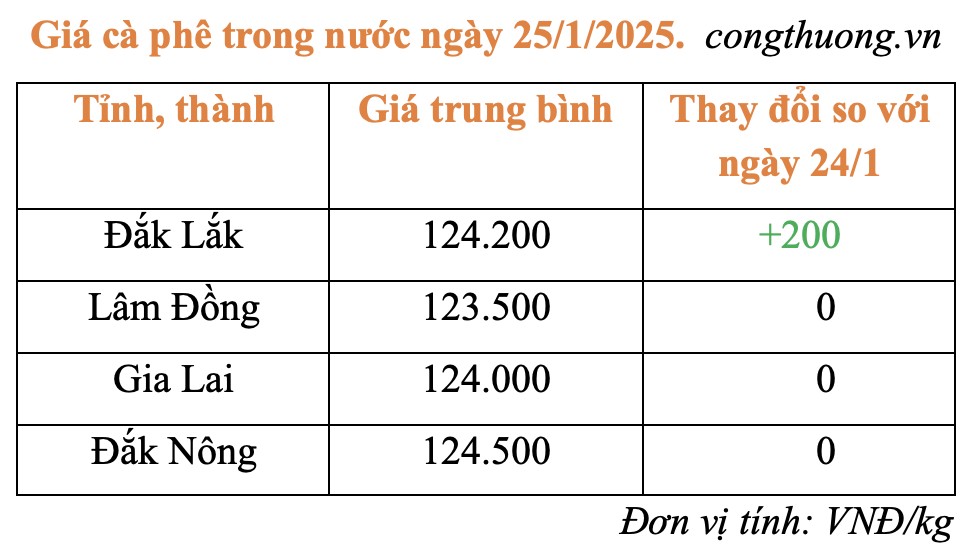 Giá cà phê trong nước hôm nay 25/1/2025 đi ngang Giá cà phê trong nước hôm nay 25/1/2025 đi ngang