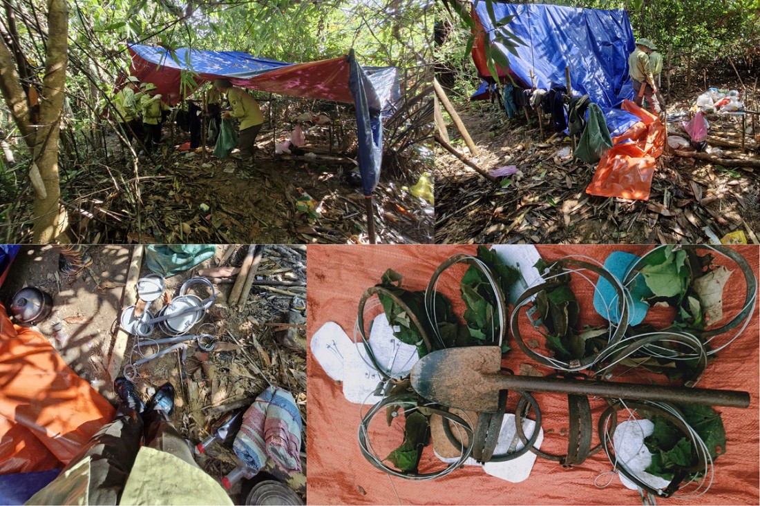 Lán trại, đồ dùng của những kẻ săn bẫy bị lực lượng chức năng phát hiện. (Ảnh: Thành Đô) Lán trại, đồ dùng của những kẻ săn bẫy bị lực lượng chức năng phát hiện. (Ảnh: Thành Đô)
