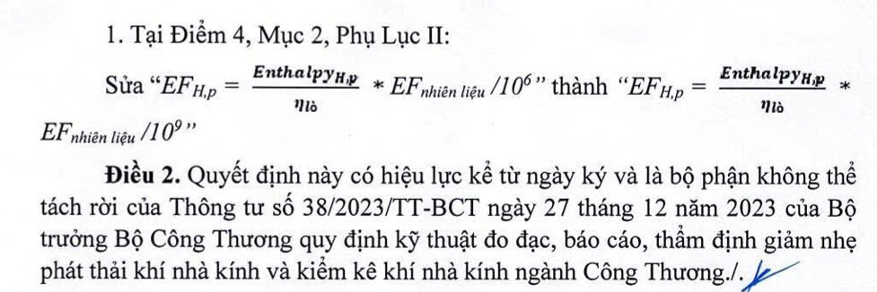 Bộ Công Thương đính chính Thông tư số 38 về kiểm kê khí nhà kính