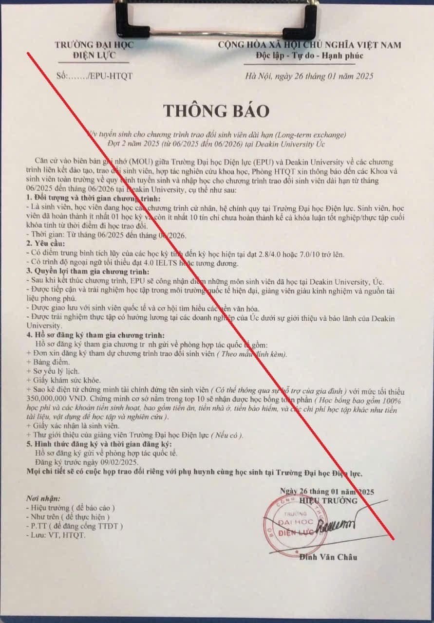 Thông báo giả mạo chữ ký và con dấu của trường đại học điện lực