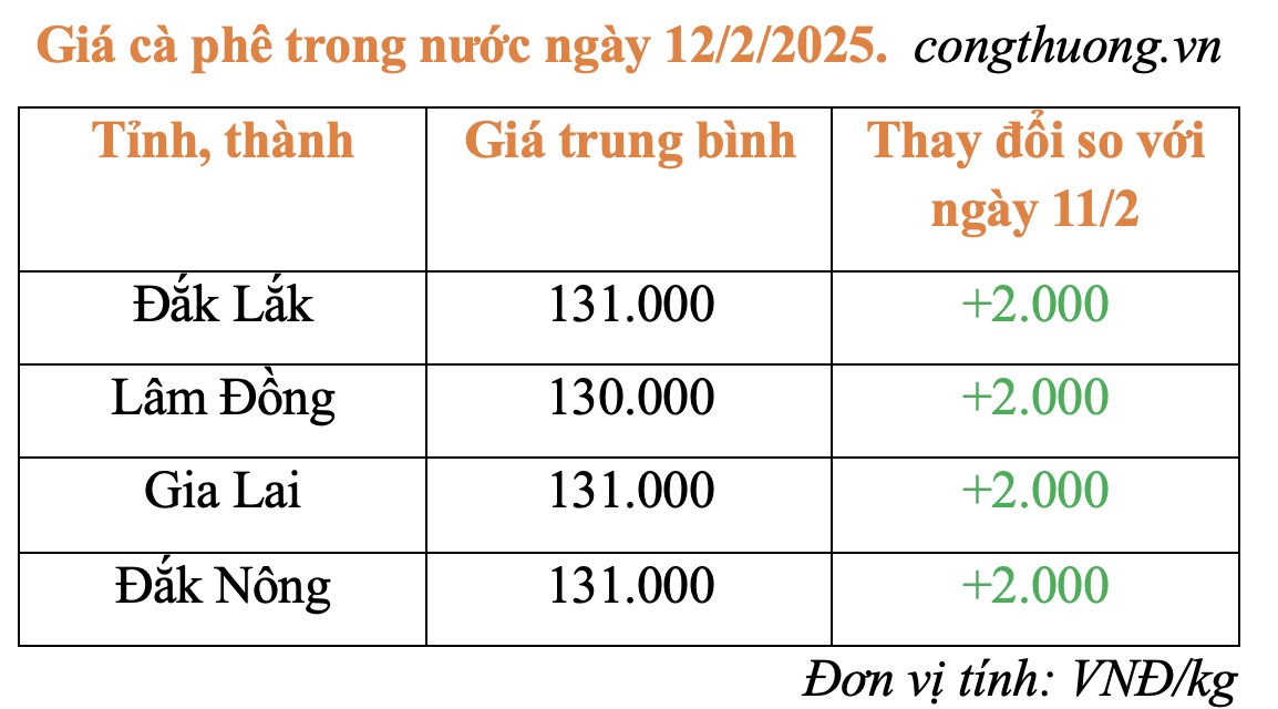 Giá cà phê hôm nay 12/2/2025: Giá cà phê hôm nay 12/2/2025: