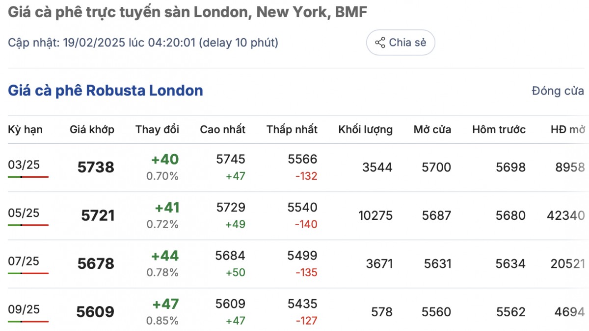 Giá cà phê hôm nay 19/2/2025 đồng loạt giảm nhẹ