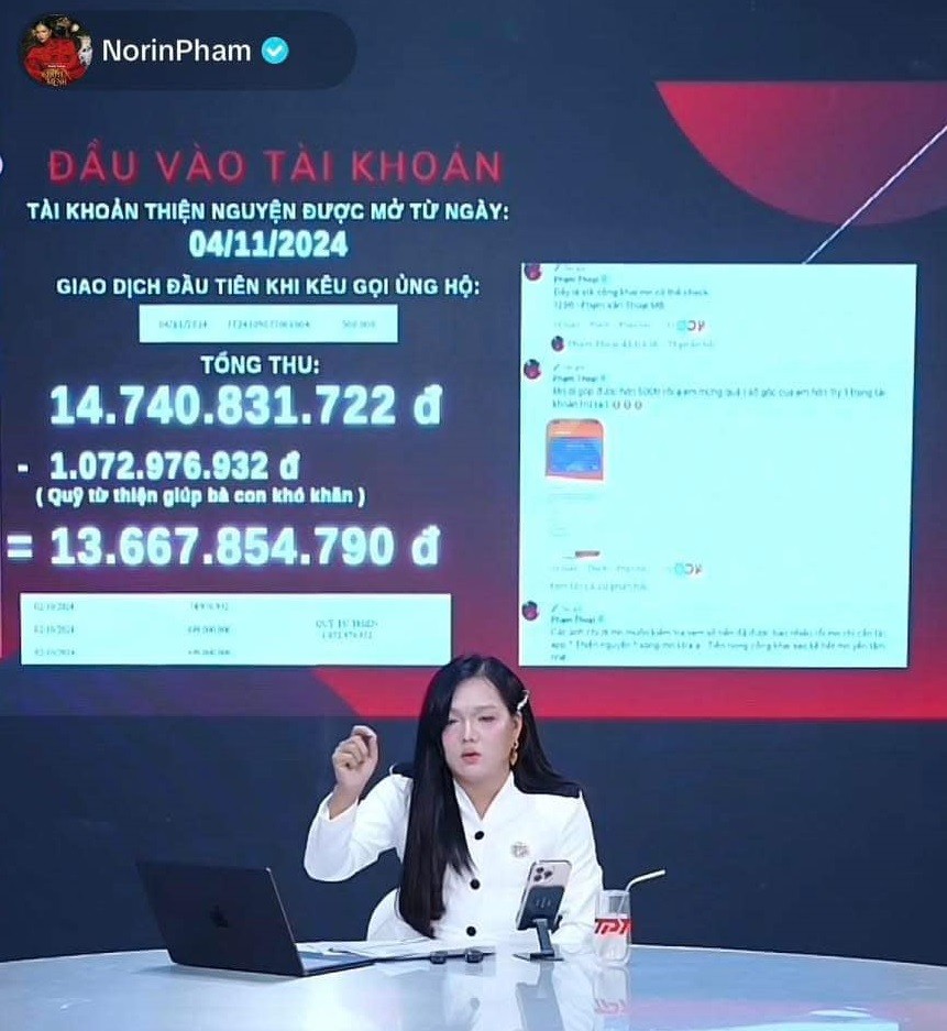 Phạm Thoại công bố số tiền nhận được qua tài khoản thiện nguyện của cá nhân trên livestream. Ảnh chụp màn hình Phạm Thoại công bố số tiền nhận được qua tài khoản thiện nguyện của cá nhân trên livestream. Ảnh chụp màn hình