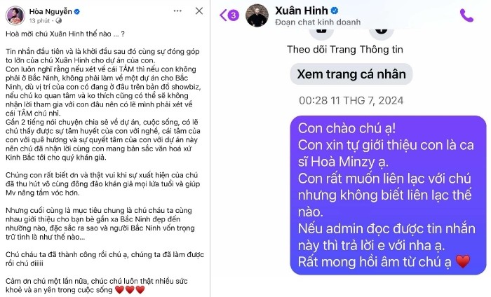 Nữ ca sỹ đã chủ động liên hệ với NSUT Xuân Hinh qua mạng xã hội. Ảnh chụp màn hình