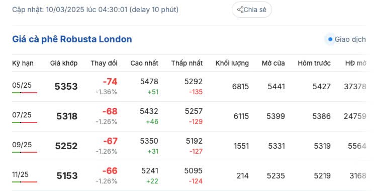 Giá cà phê hôm nay 10/3/2025 trong nước cao nhất 129.800 đồng/kg