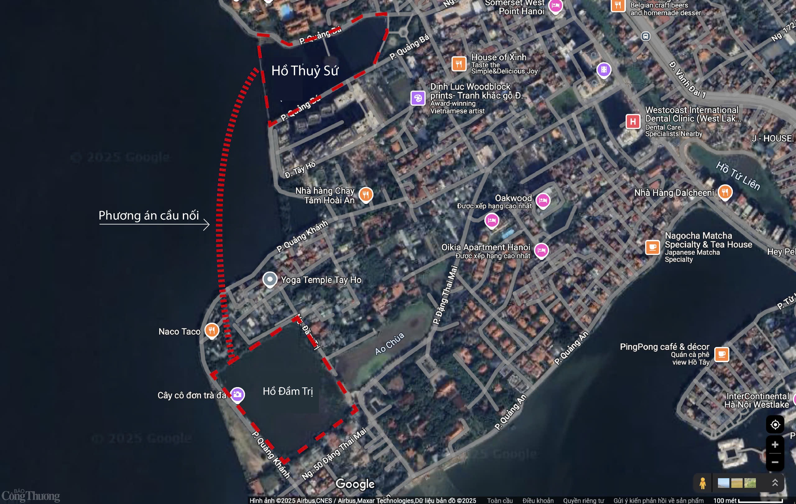 Vị trí cầu nối giữa hồ Thủy Sứ và Đầm Trị được dự kiến đảm bảo tính thẩm mỹ cao, quy mô nhỏ gọn, thiết kế hài hòa nhưng vẫn đáp ứng đầy đủ công năng, đồng thời giảm thiểu tác động đến môi trường hồ. Đồ hoạ: Lê An