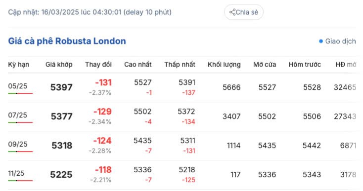 Giá cà phê hôm nay 16/3/2025 trong nước cao nhất 132.000 đồng/kg
