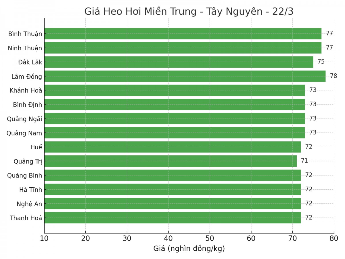 Biểu đồ giá heo hơi tại các tỉnh miền Trung - Tây Nguyên ngày 22/3. Biểu đồ giá heo hơi tại các tỉnh miền Trung - Tây Nguyên ngày 22/3.