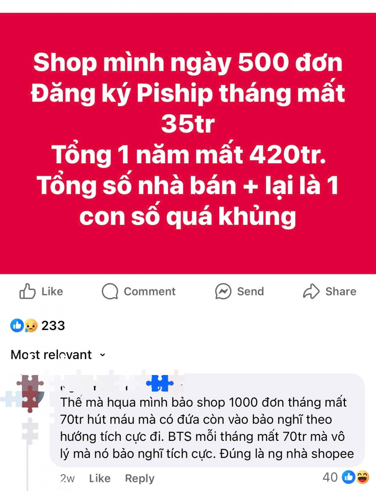 Ý kiến của người bán hàng về mức phí Piship của Shopee trên 1 nhóm bán hàng Shopee. Ý kiến của người bán hàng về mức phí Piship của Shopee trên 1 nhóm bán hàng Shopee.