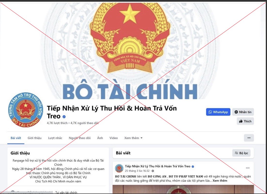 Trang facebook giả mạo Bộ Tài chính. Ảnh NH Trang facebook giả mạo Bộ Tài chính. Ảnh NH