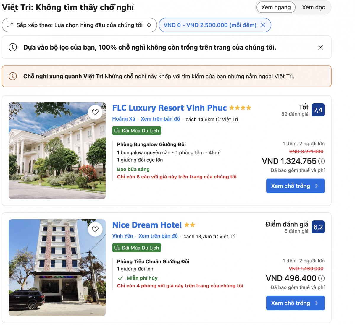 Phòng nghỉ khu vực Việt Trì đã báo hết, chỉ còn những cơ sở lưu trú cách khu vực này khoảng 15km. Ảnh chụp màn hình Phòng nghỉ khu vực Việt Trì đã báo hết, chỉ còn những cơ sở lưu trú cách khu vực này khoảng 15km. Ảnh chụp màn hình