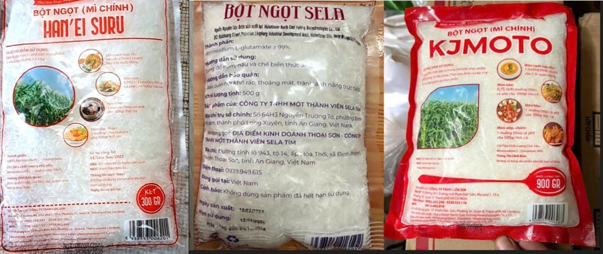 Một số nhãn hiệu bột ngọt san chia, đóng gói lại từ bột ngọt Trung Quốc hoặc các loại bột ngọt không rõ nguồn gốc, xuất xứ đang bán tràn lan trên thị trường.