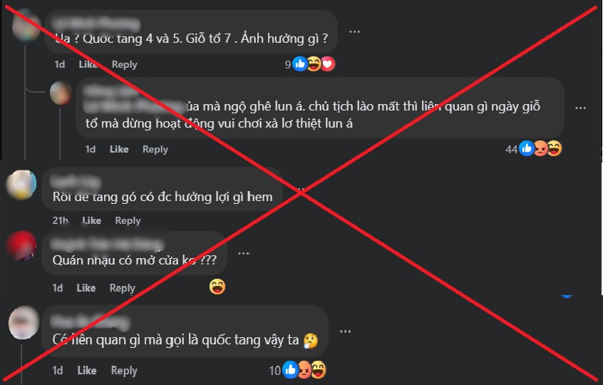 Một số bình luận cợt nhả của giới trẻ trước thông tin tạm hoãn hoạt động vui chơi, giải trí hội Đền Hùng trong 2 ngày Quốc tang. Ảnh chụp màn hình