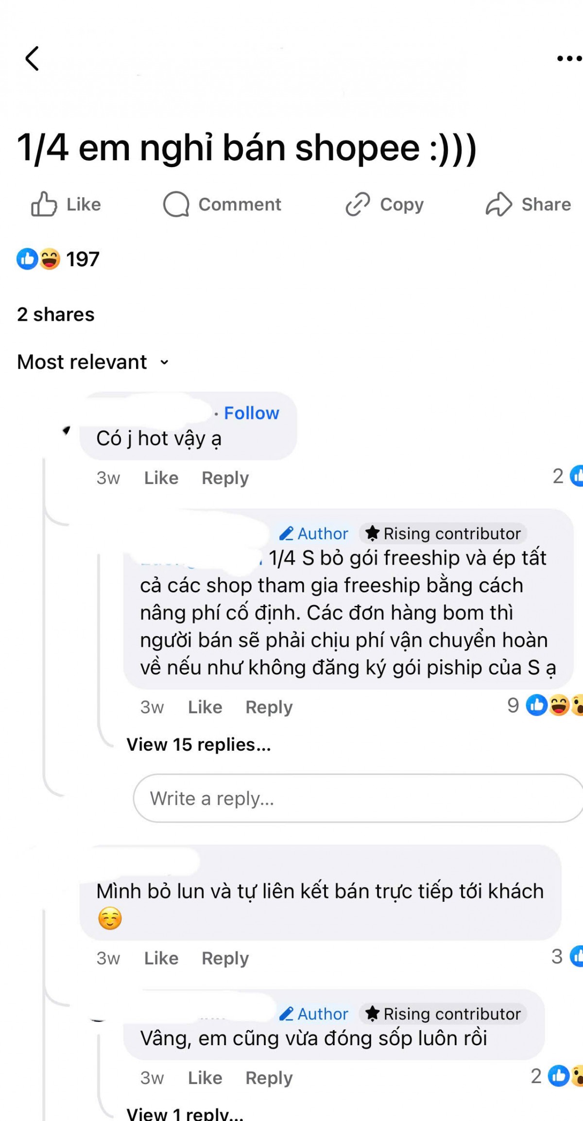 Chia sẻ của cộng đồng người bán trên hội nhóm Shopee
