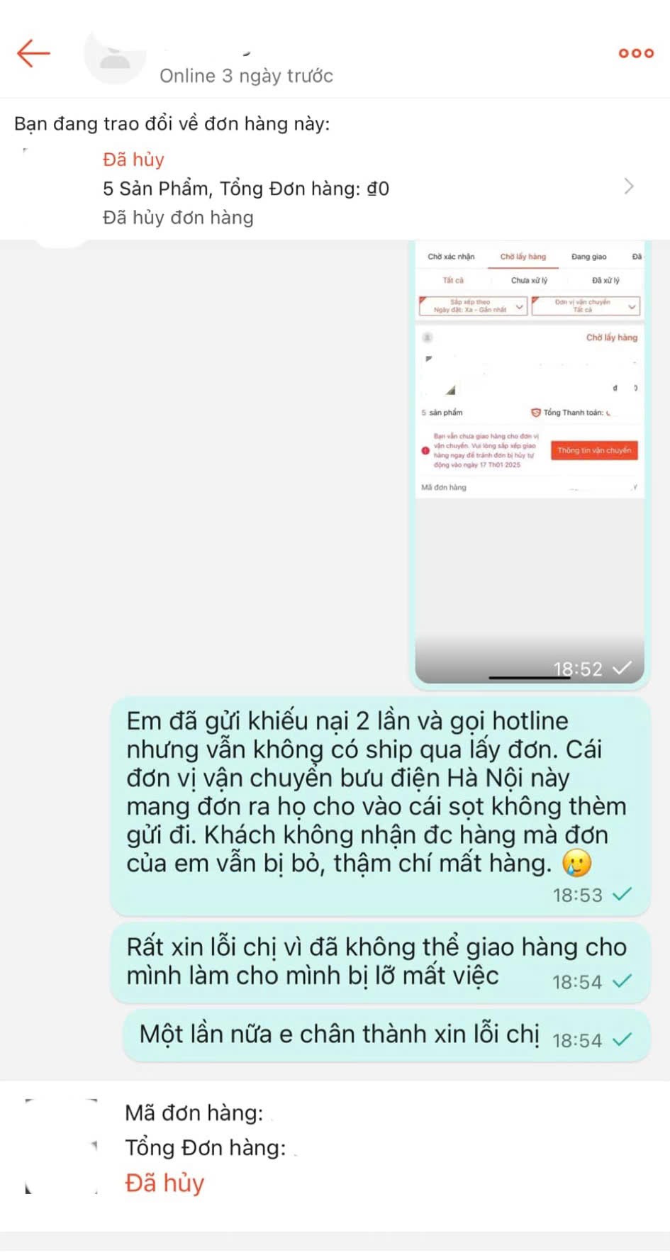 Đơn hàng của người bán bị hủy tự động do không có Shiper qua lấy hàng dù đã phản ánh với Shopee
