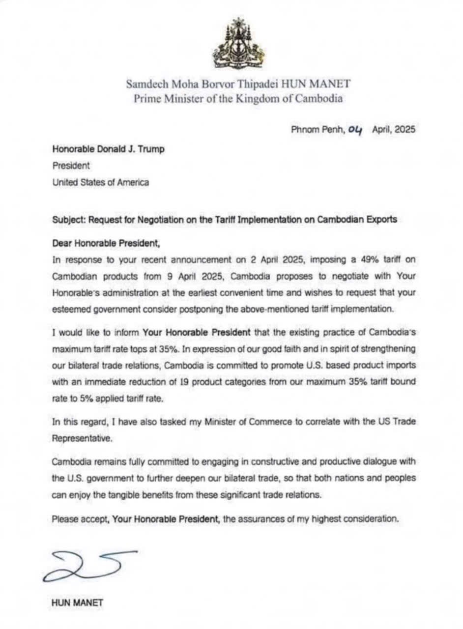Thủ tướng Hun Manet gửi thư chính thức tới Tổng thống Trump đề xuất đàm phán Thủ tướng Hun Manet gửi thư chính thức tới Tổng thống Trump đề xuất đàm phán