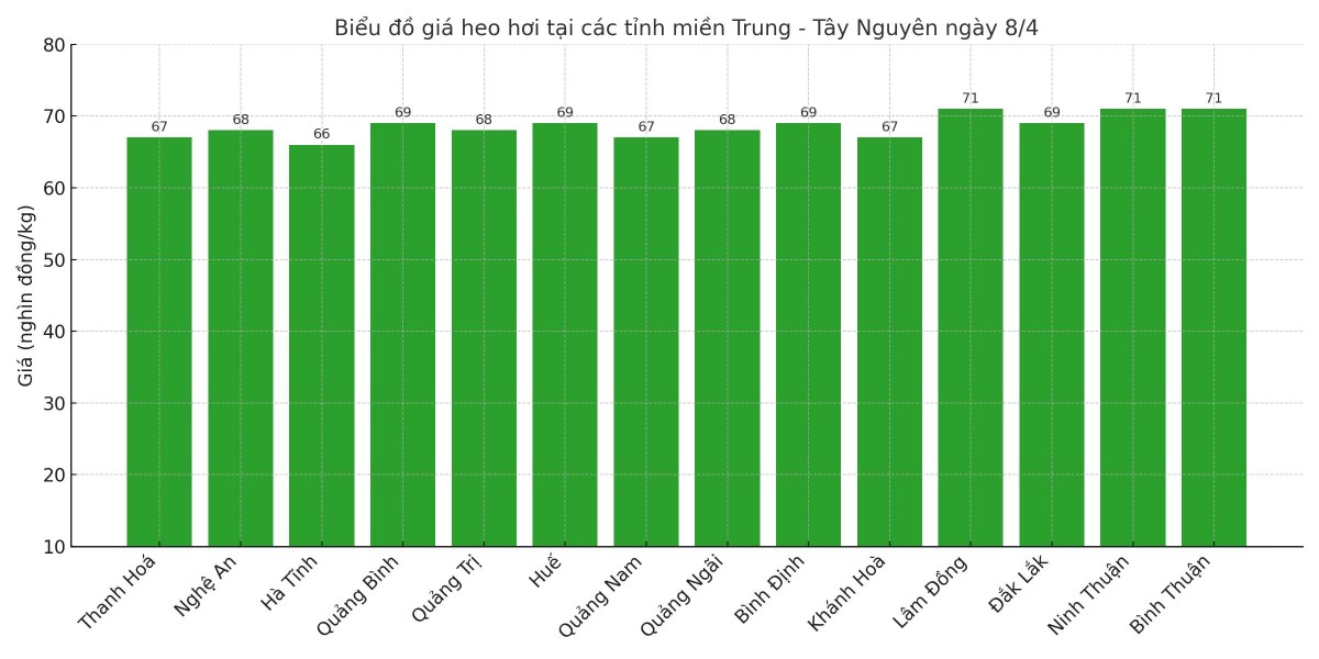 Biểu đồ giá heo hơi tại các tỉnh miền Trung - Tây Nguyên ngày 8/4.